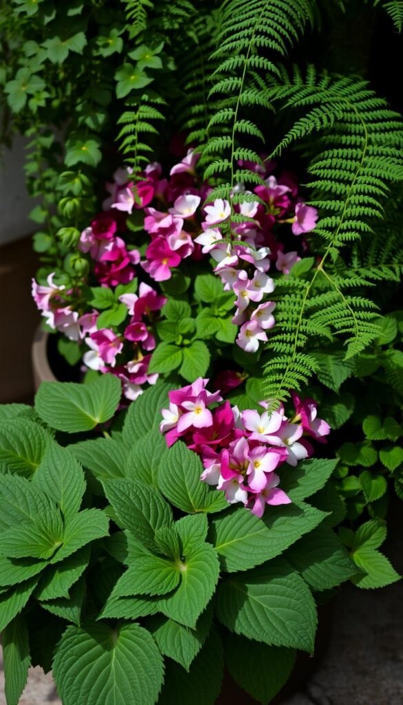 A shaded container garden filled with lush, vibrant perennial plants. In the foreground, dense clusters of deep green hosta leaves with intricate patterns. In the middle ground, cascading pink and white blooms of begonia spill over the container's edges. In the background, the delicate fronds of maidenhair fern sway gently, creating a sense of depth and movement. The lighting is soft and diffused, casting gentle shadows that accentuate the plants' textures. The overall composition evokes a serene, cool atmosphere, perfect for a shaded, low-light area.