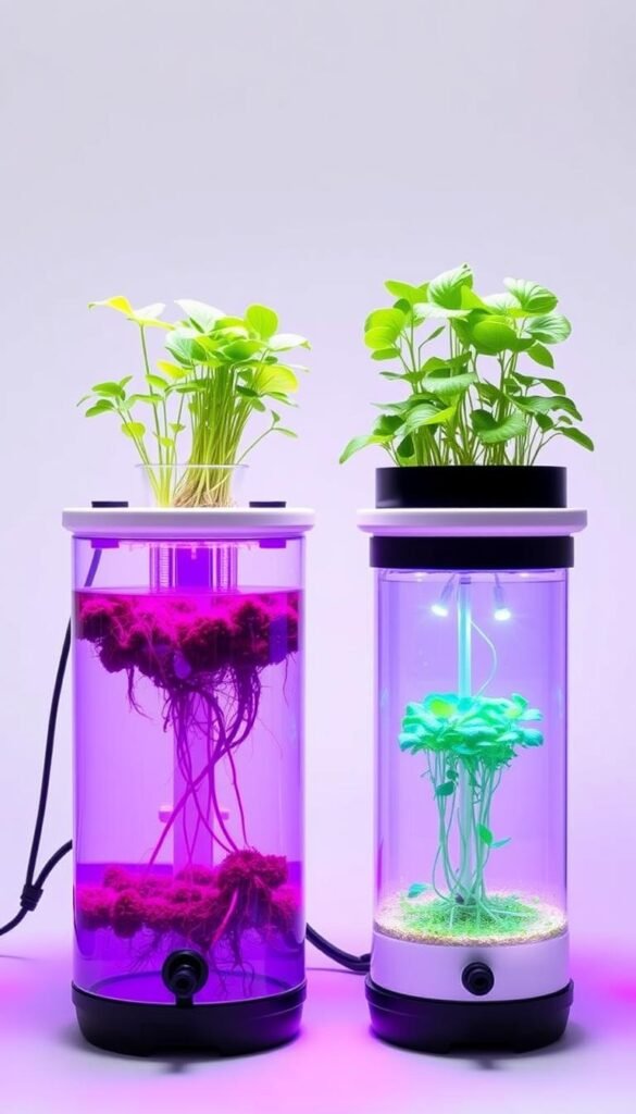 A side-by-side comparison of a Deep Water Culture (DWC) and an Ebb and Flow hydroponics system, set against a clean, minimalist background. The DWC system features a transparent reservoir with plant roots suspended in nutrient-rich water, while the Ebb and Flow system showcases a raised growing tray that periodically floods and drains. Carefully arranged plants, precisely lit from above to highlight their lush foliage and healthy roots. The systems are presented with technical precision, inviting the viewer to closely examine the distinct features and benefits of each method. The overall mood is one of educational clarity, guiding the observer towards an informed decision on the optimal hydroponic system for their needs.