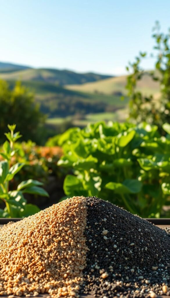 A side-by-side comparison of organic and synthetic fertilizers set against a verdant garden backdrop. In the foreground, two distinct piles of fertilizer materials, one dark and earthy, the other bright and granular. The middle ground showcases lush, thriving vegetable plants, their leaves glistening in warm, natural lighting. In the background, a picturesque landscape of rolling hills and a clear blue sky, conveying a sense of balance and harmony. The overall scene highlights the contrasting visual and tactile qualities of these two fertilizer approaches, inviting the viewer to consider their distinct ecological impacts.