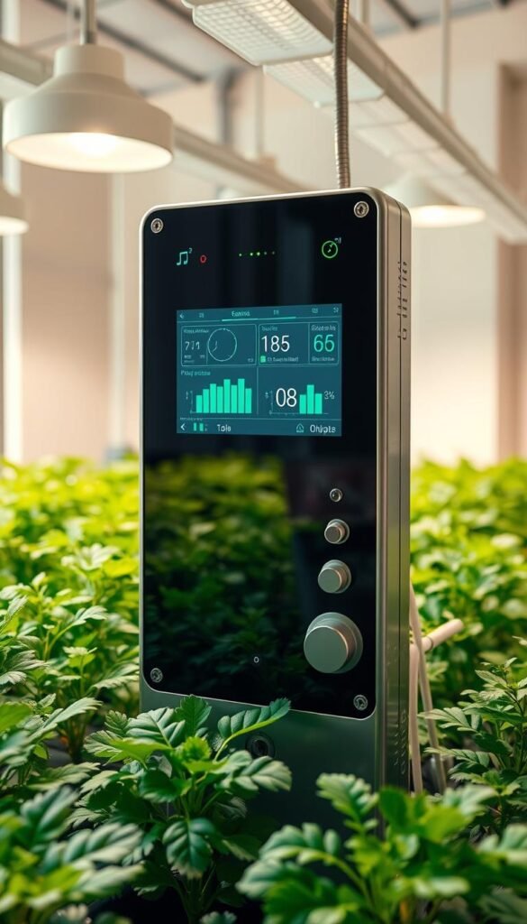 A sleek, modern hydroponic garden monitoring system with an intuitive touchscreen display, surrounded by lush, thriving plants in a well-lit, minimalist indoor setting. The system features various sensors tracking soil moisture, pH levels, temperature, and lighting, with data displayed in a clean, user-friendly interface. Streamlined, silver-toned hardware blends seamlessly with the garden's aesthetic, creating a harmonious, high-tech environment. Warm, diffused lighting from overhead fixtures casts a soft, natural glow, highlighting the vibrant foliage. The overall atmosphere conveys a sense of technological efficiency and environmental sustainability, perfectly suited for an urban, small-space hydroponic garden.