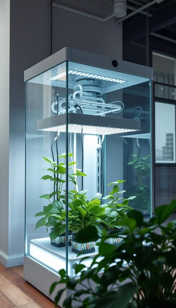A sleek, modern hydroponic system stands at the center of the frame, its intricate network of tubes and LED grow lights creating an otherworldly glow. The system is housed in a minimalist, glass-enclosed compartment, allowing natural light to filter in and complement the artificial illumination. In the foreground, lush, vibrant plants thrive, their leaves gently swaying as the system's automated watering mechanism precisely delivers nutrients to their roots. The background showcases a stylish, urban interior, with clean lines and a muted color palette that amplifies the technological sophistication of the hydroponic setup. The overall scene conveys a sense of efficiency, innovation, and the harmonious integration of nature and technology, perfectly capturing the essence of overcoming challenges and enhancing system performance in tiny urban spaces.