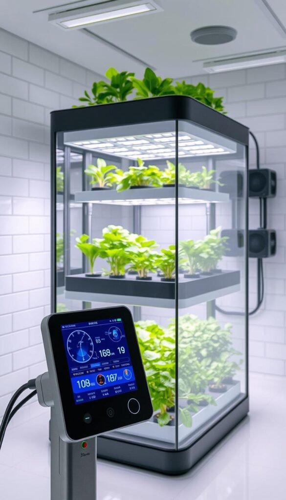A sleek, modern indoor hydroponic garden with a cutting-edge smart monitoring system. In the foreground, a high-tech control panel with a holographic display showcases real-time data from various sensors - temperature, humidity, pH, nutrient levels, and more. The middle ground features a minimalist, glass-enclosed growing chamber, with vibrant, lush hydroponically-grown plants thriving under the soft glow of energy-efficient LED lights. In the background, a clean, white-tiled wall creates a futuristic, lab-like atmosphere, complemented by the subtle hum of the system's precision pumps and fans. The overall scene conveys a sense of effortless, intelligent automation, empowering the gardener to cultivate a bountiful, sustainable indoor harvest.