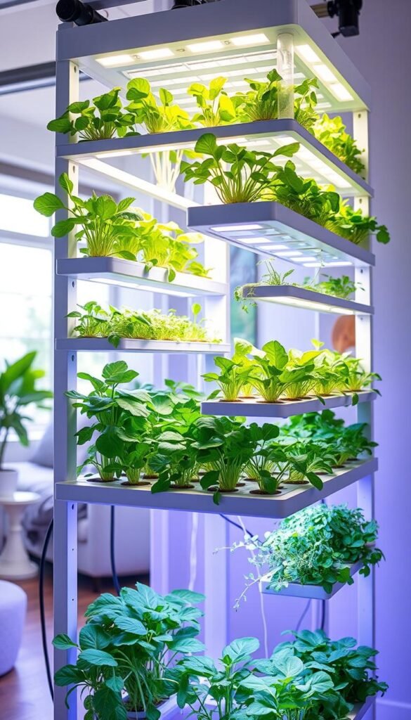 A sleek, modern indoor vertical farming system, with multiple tiers of lush, verdant hydroponic growing racks bathed in soft, diffused LED lighting. The foreground showcases various leafy greens, herbs, and microgreens thriving in their compact, efficient cultivation spaces. The middle ground reveals the clean, minimalist frame structure supporting the vertical arrangement, while the background hints at the cozy, domestic setting - perhaps a sunny, airy living room or a bright, climate-controlled greenhouse. The overall scene conveys a sense of harmony between nature and technology, blending seamless integration of food production into the modern home environment.