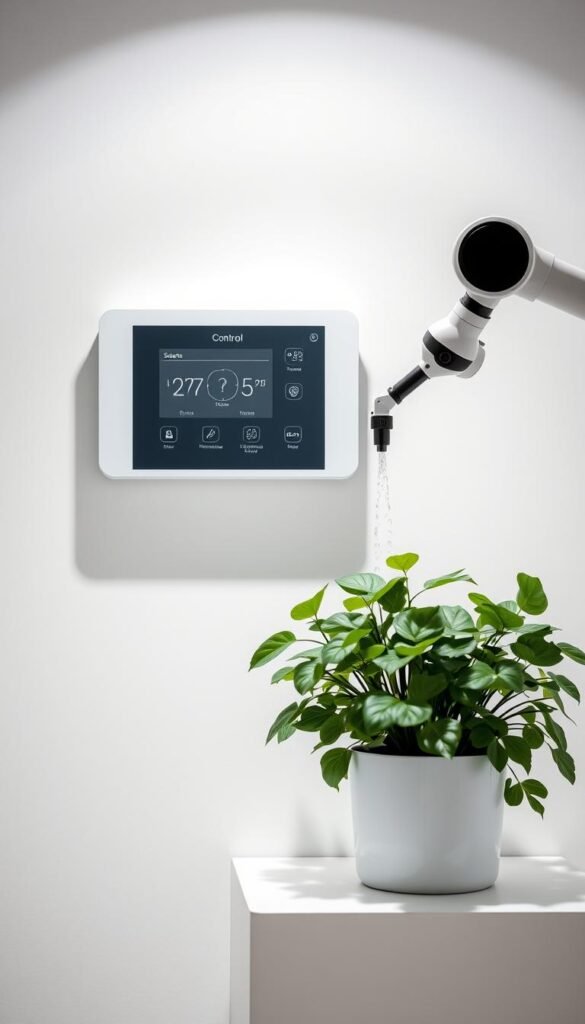 A sleek, modern smart irrigation control panel set against a minimalist, white background. The panel features a touchscreen display, intuitive controls, and icons representing soil moisture, temperature, and flow sensors. In the foreground, a robotic arm extends from the panel, delicately watering a lush, thriving potted plant. Soft, even lighting from above illuminates the scene, creating a clean, technological aesthetic. The composition emphasizes the seamless integration of intelligent automation and nature, conveying the effortless, hands-off experience of a self-watering container garden.
