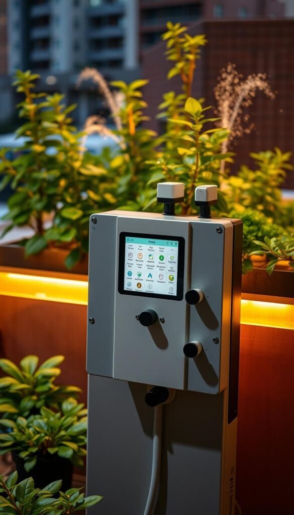 A sleek, modern smart irrigation system with an intuitive control panel and sensor array, set against a backdrop of a thriving urban rooftop garden. The system features automated scheduling, real-time soil moisture monitoring, and weather-responsive adjustments, ensuring optimal water delivery to the plants. Warm, directional lighting illuminates the scene, casting a soft glow on the lush greenery and the polished, minimalist design of the control unit. The overall atmosphere conveys a sense of effortless efficiency and environmental harmony, perfectly suited for an urban gardening setup.