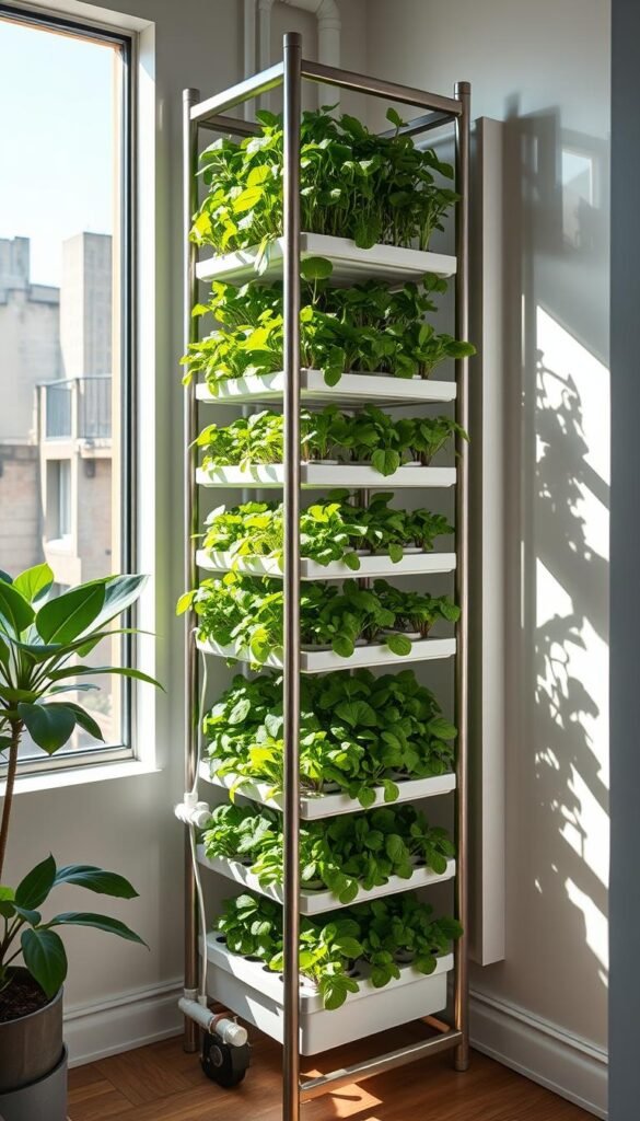 A sleek, modern vertical hydroponic system standing tall in a cozy, sun-drenched urban space. The sturdy metallic frame supports numerous grow trays, each brimming with lush, vibrant greens. Soft, natural lighting filters through large windows, casting a warm glow on the verdant foliage. The clean, minimalist design seamlessly blends form and function, making efficient use of limited square footage. Pipes and tubing neatly route the recirculating water, maintaining a closed-loop, self-sustaining ecosystem. This compact, self-contained unit is the perfect solution for urban dwellers seeking to cultivate their own fresh produce in a tiny apartment or balcony.