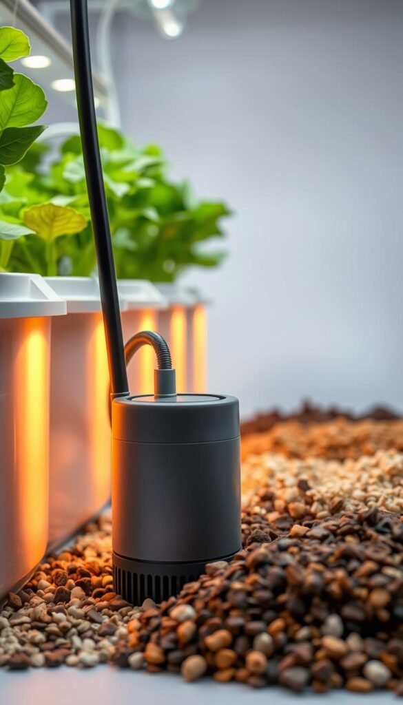 A sleek, well-lit close-up view of an aquaponics system, showcasing the essential equipment and media. In the foreground, a water pump and tubing system, highlighted by warm, directional lighting that emphasizes the smooth, modern design. In the middle ground, various grow media such as gravel, clay pellets, and hydroton, artfully arranged to display their textures and colors. The background features a clean, minimalist setting, allowing the aquaponics components to take center stage. The overall composition conveys a sense of efficiency, functionality, and the potential for productive small-scale aquaponics.