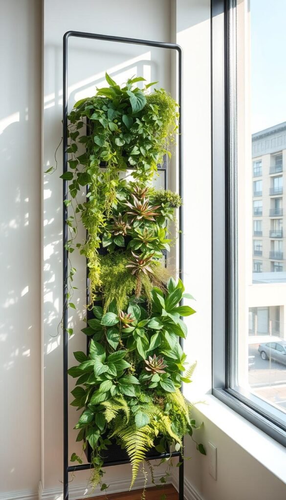 A small, modern indoor vertical garden with lush greenery cascading down a sleek, minimalist steel frame. The composition features a clean, minimalist aesthetic with a focus on the natural elements. The plants are varied and healthy, including trailing vines, ferns, and succulents, all thriving under the soft, diffused lighting that creates a serene, almost ethereal atmosphere. The frame is positioned near a large window, allowing natural sunlight to filter in and cast gentle shadows, further enhancing the tranquil mood. The overall scene conveys a sense of harmony between nature and modern design, perfectly suited for a small urban space.