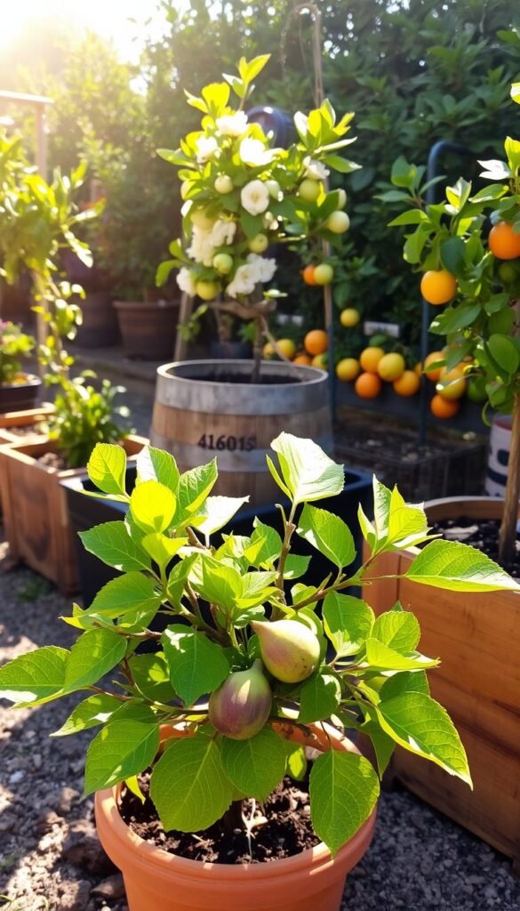 A small orchard of dwarf fruit trees nestled in rustic wooden planters, bathed in warm afternoon sunlight. In the foreground, a compact fig tree in a terra cotta pot, its lush green leaves and plump figs casting soft shadows. In the middle ground, a miniature apple tree in a reclaimed barrel, its delicate white blossoms complementing the weathered wood. In the background, a row of potted citrus trees - lemon, lime, and orange - their vibrant fruits glowing against a backdrop of verdant foliage. The scene exudes a sense of tranquility and bountiful harvest, inviting the viewer to imagine the joys of cultivating a compact, bountiful fruit garden.
