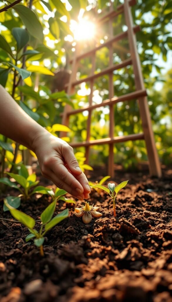 A small pair of hands gently sowing passionfruit seeds into rich, earthy soil. Sunlight filters through lush foliage, casting a warm, golden glow. In the background, a sturdy wooden trellis stands ready to support the future vines. The scene exudes a sense of nurturing care, as the seeds are tenderly covered and watered, preparing for their journey to blossom and thrive. The composition highlights the process of planting, emphasizing the delicate beginnings of a passion fruit garden. Crisp, high-resolution details capture the texture of the soil, the intricate patterns of the leaves, and the hopeful anticipation of the budding garden.