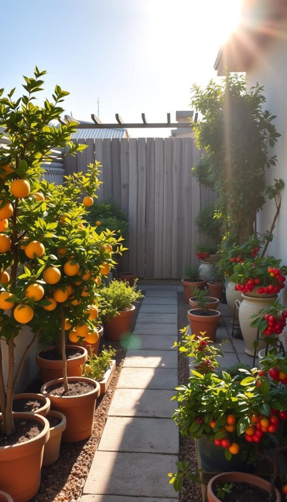 A small patio garden bathed in warm, golden sunlight. In the foreground, a lush array of container-grown citrus trees and berry bushes strategically positioned to maximize exposure. Carefully angled planters and trellises guide the sunlight, creating a harmonious, sun-dappled tableau. The middle ground features a well-designed layout, with thoughtfully placed paths and seating areas that invite relaxation and contemplation. In the background, a weathered wooden fence or trellis acts as a natural backdrop, complementing the organic, inviting atmosphere. The overall scene conveys a sense of tranquility, productivity, and a celebration of nature's bounty in a compact, urban setting.