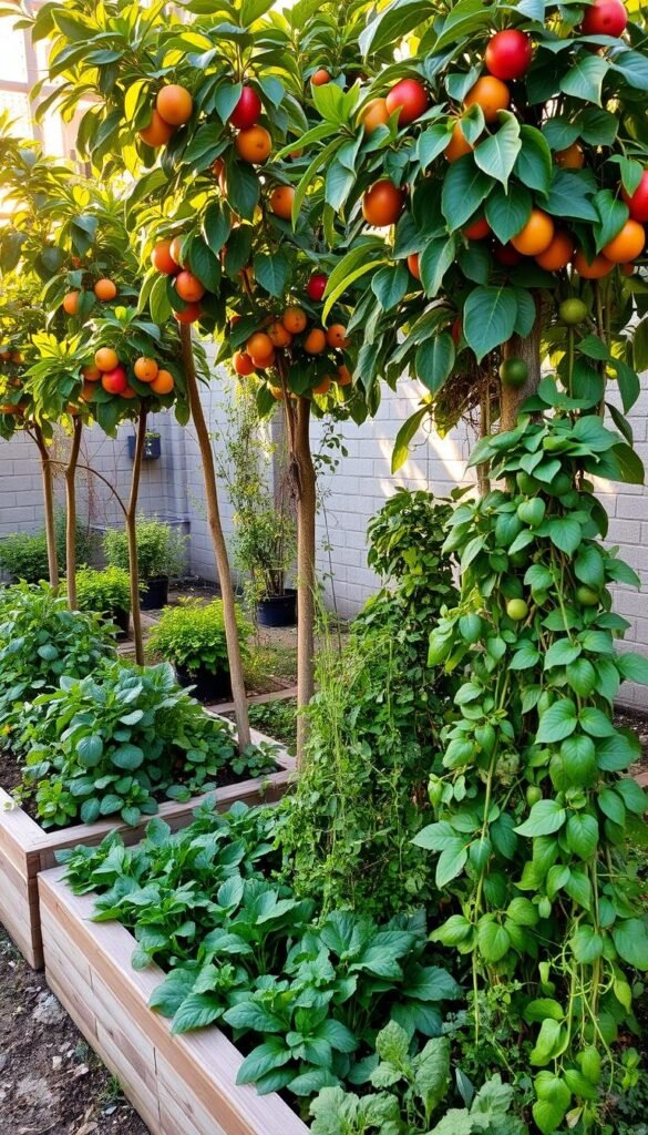 A small urban garden with dwarf fruit trees in various stages of growth, with lush foliage and colorful ripe fruits. In the foreground, neatly arranged raised garden beds overflow with a variety of leafy greens, herbs, and trailing vines, creating a vibrant vertical gardening display. Warm afternoon sunlight filters through the trees, casting gentle shadows and highlighting the textures of the produce. The scene exudes a sense of tranquility and abundance, showcasing how limited spaces can be transformed into productive micro-orchards and intensively planted edible landscapes.