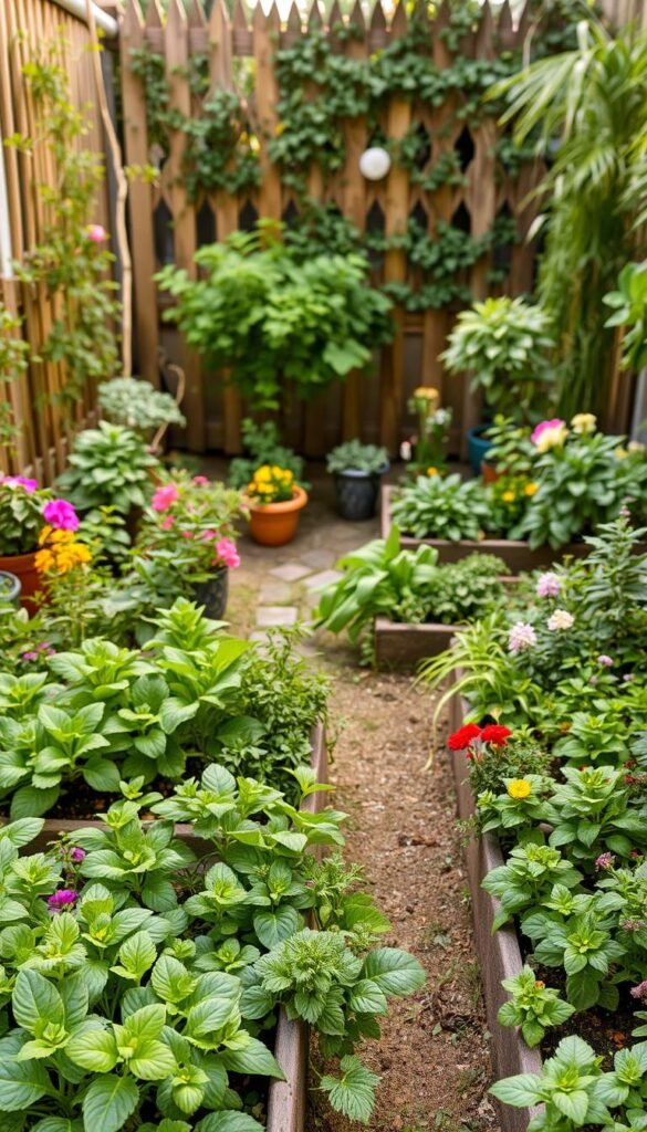 A small, well-organized garden space with a variety of lush, thriving plants. In the foreground, neatly arranged raised beds filled with an assortment of leafy greens, herbs, and vibrant flowering plants. The middle ground features a central path winding through the garden, bordered by strategically placed potted plants and compact shrubs. In the background, a wooden fence or trellis provides a natural backdrop, allowing the verdant space to feel intimate and self-contained. Warm, diffused lighting casts a gentle glow, creating a serene and inviting atmosphere. The overall composition emphasizes the efficient use of limited space, showcasing the potential for a bountiful and harmonious small-scale garden.