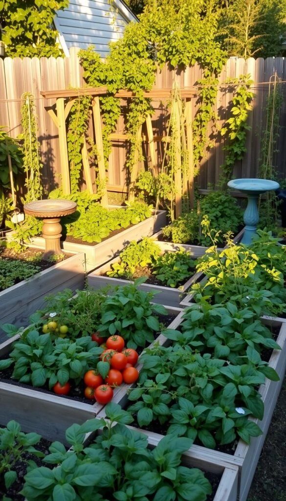A small, well-organized vegetable garden nestled in a cozy backyard. Raised garden beds brimming with lush greens, vibrant tomatoes, and delicate herbs line the perimeter, creating a visually appealing and productive layout. Scattered throughout are whimsical wooden trellises supporting climbing vines and a birdbath providing a sanctuary for local wildlife. The scene is bathed in warm, golden afternoon sunlight, casting soft shadows and creating a serene, inviting atmosphere. The overall design maximizes the limited space, showcasing how even the smallest of backyards can be transformed into a thriving, bountiful vegetable oasis.