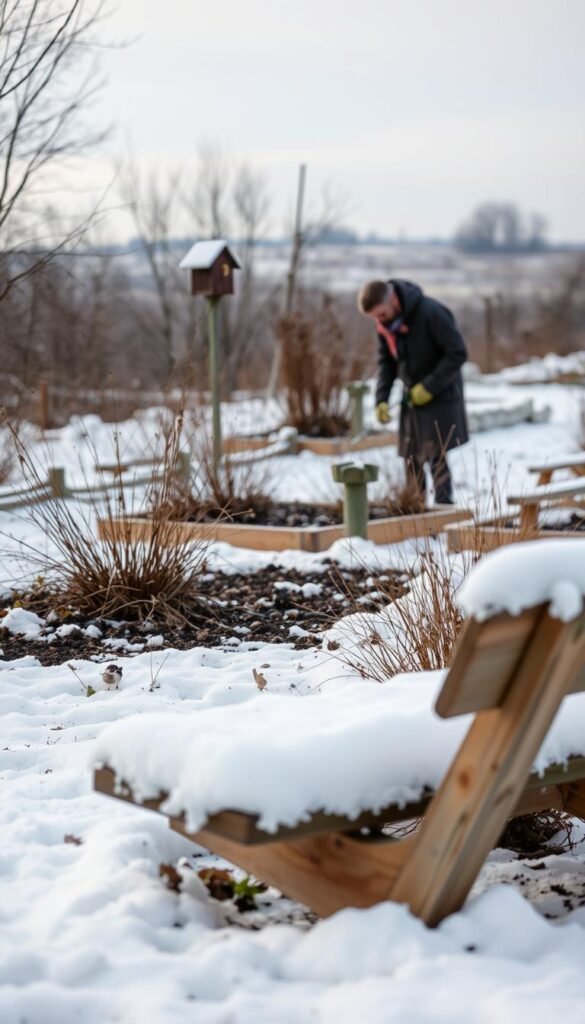 A snow-covered garden, with a wooden bench and birdhouse visible in the foreground. In the middle ground, a gardener is inspecting the soil, wearing a warm winter coat and gloves. In the background, bare trees and a picturesque winter landscape, with a soft, diffused light creating a serene, peaceful atmosphere. The scene conveys the quiet, contemplative nature of winter gardening, with a focus on maintaining the garden's structure and soil health during the colder months.