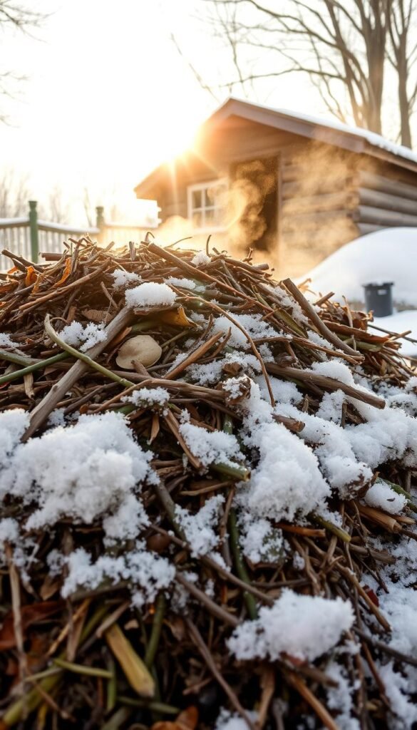 A snow-dusted compost pile in the foreground, steam gently rising from the active decomposition within. The pile's exterior is a mosaic of browns, grays, and greens - decaying leaves, shredded twigs, and nutrient-rich soil. Rays of warm, golden light filter through the overcast winter sky, casting a soft, inviting glow. In the background, a cozy, rustic wooden shed, its weathered planks and frosted windows hinting at the sheltered environment within. The overall scene conveys the winter composting process in action, with nature's cycles continuing unabated despite the chill in the air.