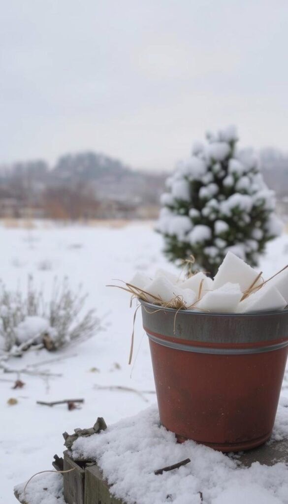 A snowy winter garden scene with a metal or terracotta flower pot in the foreground, filled with various insulation materials such as straw, burlap, or foam sheets. The pot is placed on a wooden or stone surface, with some dried leaves or twigs scattered around. In the middle ground, a small shrub or tree is partially covered in snow, creating a serene, peaceful atmosphere. The background features a muted, overcast sky with soft, diffused lighting, emphasizing the muted tones of the winter landscape. The overall composition should convey a sense of practical, DIY-inspired container gardening techniques for protecting delicate plants during the cold season.