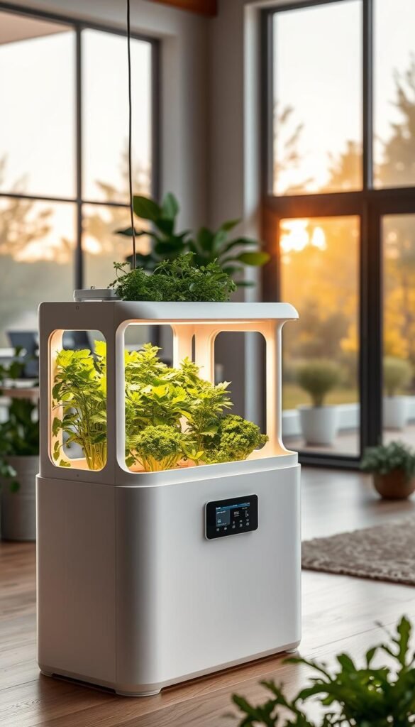 A sophisticated hydroponic garden system dominates the foreground, its sleek white housing and digital control panel evoking a sense of modern, efficient design. Lush green herbs and leafy greens flourish within the transparent grow chamber, bathed in the warm glow of LED grow lights that cast a soft, natural illumination. In the middle ground, the garden is thoughtfully integrated into a minimalist, Scandinavian-inspired interior, with clean lines and neutral tones complementing the organic elements. The background features a large window overlooking a serene, sun-dappled outdoor scene, creating a harmonious blend of indoor and outdoor environments. An atmosphere of effortless, high-tech gardening permeates the entire composition.
