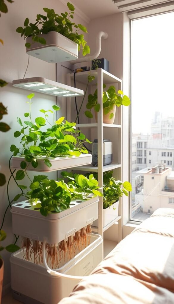 A space-efficient hydroponic garden nestled in a cozy urban setting, with lush greenery thriving in a meticulously designed system. The foreground features a compact, vertically-stacked array of hydroponics trays, their roots submerged in a recirculating water reservoir. Cascading LED lights illuminate the plants, casting a warm, natural glow. In the middle ground, a sleek, minimalist shelving unit houses the water pump and control system, blending seamlessly with the decor. The background reveals a sun-dappled city skyline, hinting at the garden's urban context and the benefits of integrating hydroponics into small spaces. The overall scene exudes a sense of harmony, showcasing how efficient water usage and careful design can transform tiny urban environments into thriving, self-sustaining oases.