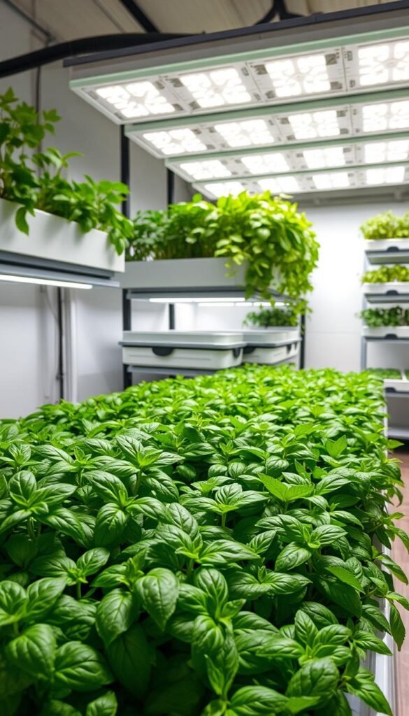 A spacious, well-lit indoor hydroponic garden, with shelves of thriving herbs and leafy greens. The foreground features lush, verdant basil and mint plants, their leaves glistening with water droplets under the soft, even glow of energy-efficient grow lights. In the middle ground, a series of modular, stackable hydroponic planters extend the garden's footprint, allowing for an expanding, customizable layout. The background showcases a sleek, minimalist setup, with clean lines and a neutral color palette that complements the vibrant greenery. The overall scene conveys a sense of abundance, sustainability, and the joys of year-round, self-sufficient herb cultivation.