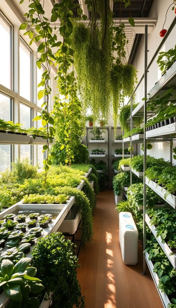 A sprawling hydroponic garden, awash in soft, natural lighting. Expertly designed planters and trellises support a lush abundance of leafy greens, vibrant herbs, and plump vegetables. A central water reservoir, filled with crystal-clear nutrient-rich liquid, powers a network of gentle irrigation tubes. Sleek, minimalist shelving units display an array of sustainable, eco-friendly growing components. In the background, large windows let in warm, diffused sunlight, casting a serene, tranquil atmosphere. The overall scene conveys a sense of harmony, efficiency, and a deep reverence for the natural world.