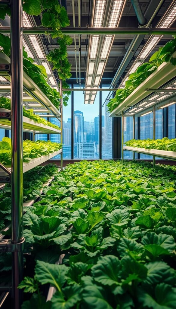 A sprawling urban hydroponic garden, with verdant leafy greens thriving beneath the soft glow of LED grow lights. The system is elegantly designed, with sleek steel racks and gleaming glass enclosures that create a futuristic, minimalist aesthetic. In the foreground, lush kale, spinach, and Swiss chard plants sway gently, their leaves lush and vibrant. In the middle ground, a series of tiered grow beds filled with nutrient-rich water reflect the warm light, creating a captivating visual interplay. The background features a window overlooking the bustling city skyline, a testament to the possibilities of sustainable urban agriculture.