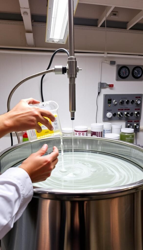 A stainless steel tank filled with clear nutrient solution, with a hydroponic mixing apparatus attached. Overhead fluorescent lighting casts a clean, clinical atmosphere. In the foreground, two hands carefully measuring and pouring liquid nutrients into the tank, creating swirling patterns. The middle ground shows various containers of powdered and liquid nutrient components neatly arranged. The background features a wall-mounted control panel with dials and displays monitoring the solution's pH, temperature, and other parameters. The scene conveys the precise, scientific process of mixing and adjusting the ideal hydroponic nutrient blend for thriving vegetable growth.