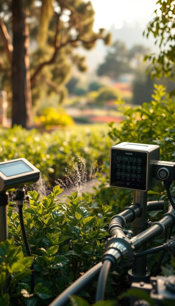 A state-of-the-art automated watering system, nestled amidst a thriving garden. In the foreground, sleek irrigation pipes and digital control panels, their metallic surfaces gleaming under warm, focused lighting. In the middle ground, lush vegetation thrives, as if nourished by an invisible hand. The background reveals a panoramic view of the garden, with towering trees and vibrant flora framed by a soft, diffused natural light, creating a serene and harmonious atmosphere. The entire scene conveys a sense of effortless efficiency and a deep connection between technology and the natural world, perfectly suited to illustrate the "Advanced Techniques for a Thriving Garden" section.