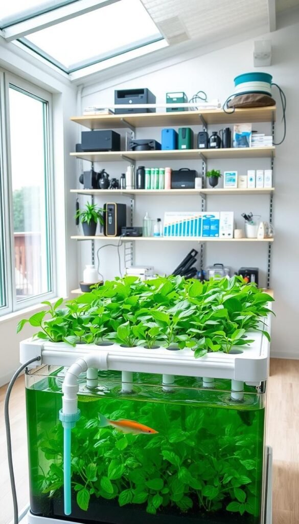 A step-by-step aquaponic setup in a bright, airy indoor space. In the foreground, a raised garden bed filled with lush green plants, water pipes, and a fish tank. In the middle ground, shelves displaying various components like air pumps, grow lights, and water testing kits. The background features large windows allowing natural light to flood the room, highlighting the clean, modern aesthetic. The overall scene conveys a sense of calm productivity, with everything neatly organized to create an efficient and sustainable aquaponic system for the home gardener.