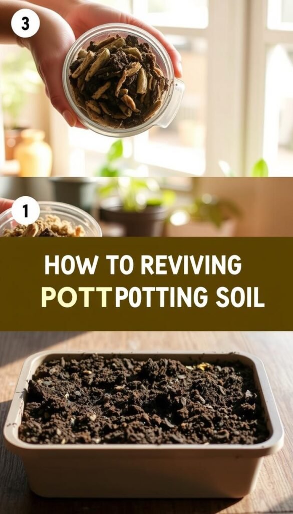 A step-by-step instructional image of reviving potting soil, showcasing the process in a clear and visually appealing manner. The foreground depicts a gardener's hands carefully blending and aerating the soil, with soil amendments such as compost and perlite visible. The middle ground features a potting tray filled with the rejuvenated soil, ready for planting. The background offers a warm, natural setting with sunlight streaming through a window, creating a cozy and inviting atmosphere. The lighting is soft and diffused, casting gentle shadows that accentuate the texture and depth of the scene. The overall composition is balanced and harmonious, guiding the viewer's eye through the step-by-step process of reviving potting soil for apartment gardening.