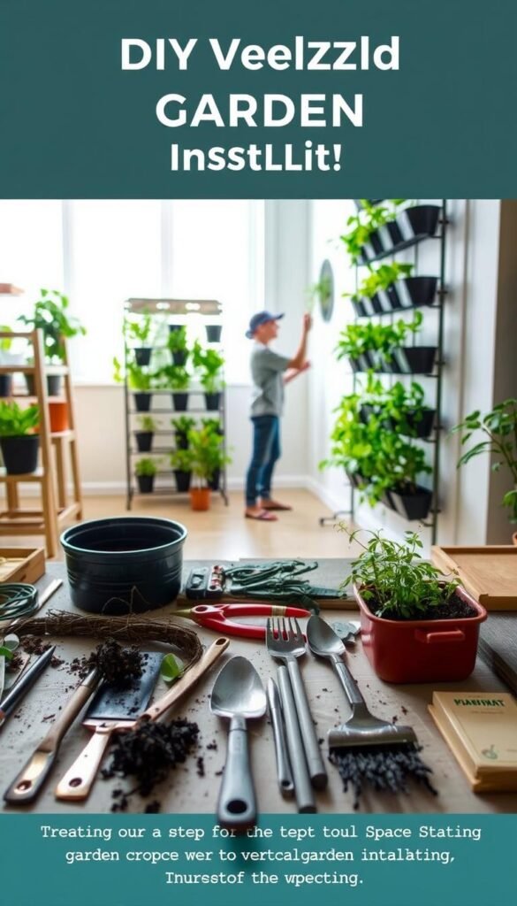 A step-by-step vertical garden installation, showcasing the process in a clean, well-lit environment. In the foreground, various gardening tools and materials are neatly arranged, including trowels, planters, soil, and plants. In the middle ground, a person is shown carefully assembling the vertical garden structure, with attention to detail and technique. The background features a bright, airy space with natural lighting, highlighting the simplicity and practicality of the DIY project. The overall mood is one of organization, efficiency, and a sense of accomplishment in creating a beautiful, space-saving vertical garden.