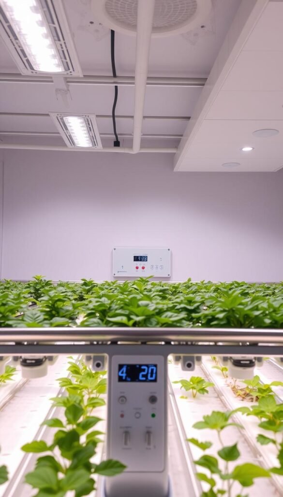 A sterile hydroponic environment, illuminated by soft, diffused overhead lighting. The foreground features a pristine, metal-framed grow bed filled with lush, verdant plants suspended in a clear nutrient solution. The middle ground showcases a minimalist control panel with digital displays monitoring temperature, pH, and dissolved oxygen levels. In the background, a seamless white wall and ceiling create a sense of clinical order, emphasizing the controlled, regulated nature of this dedicated growing space. The overall atmosphere is one of precision, cleanliness, and the perfect balance necessary for optimal plant health and growth.