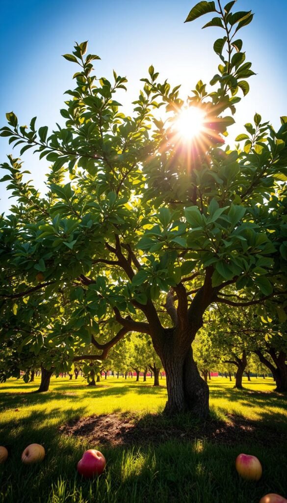 A sun-dappled fruit orchard in the golden hour, the canopy of a mature apple tree casting dappled light and shadow across the ground below. Lush green leaves flutter in a gentle breeze, their shapes and textures highlighted by the warm, directional lighting. The tree's gnarled trunk and branches lead the eye upwards, framing the clear blue sky above. In the foreground, fallen apples dot the grass, their red and yellow hues complementing the earthy tones. The scene exudes a sense of tranquility and natural abundance, inviting the viewer to linger and appreciate the optimized sunlight that nourishes this thriving fruit tree.