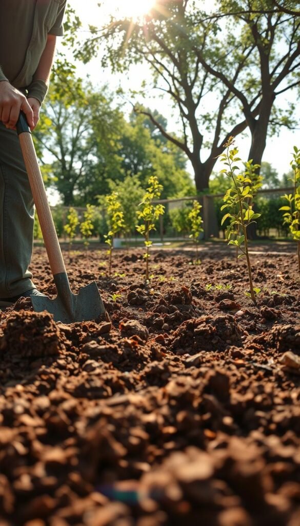 A sun-dappled garden scene, showcasing the careful preparation of soil for thriving fruit trees. In the foreground, a gardener meticulously tills the rich, loamy earth, turning it over with a sturdy spade to aerate and amend the soil. Surrounding the gardener, a variety of organic amendments, such as compost and aged manure, wait to be incorporated, nourishing the soil and providing essential nutrients. In the middle ground, young fruit tree saplings stand ready, their delicate roots poised to take hold in the rejuvenated earth. The dappled light filters through the canopy of established trees in the background, casting a warm, natural glow over the scene. The overall mood is one of careful tending and nurturing, with an emphasis on the importance of soil preparation for the successful growth and thriving of a small orchard garden. Prompt