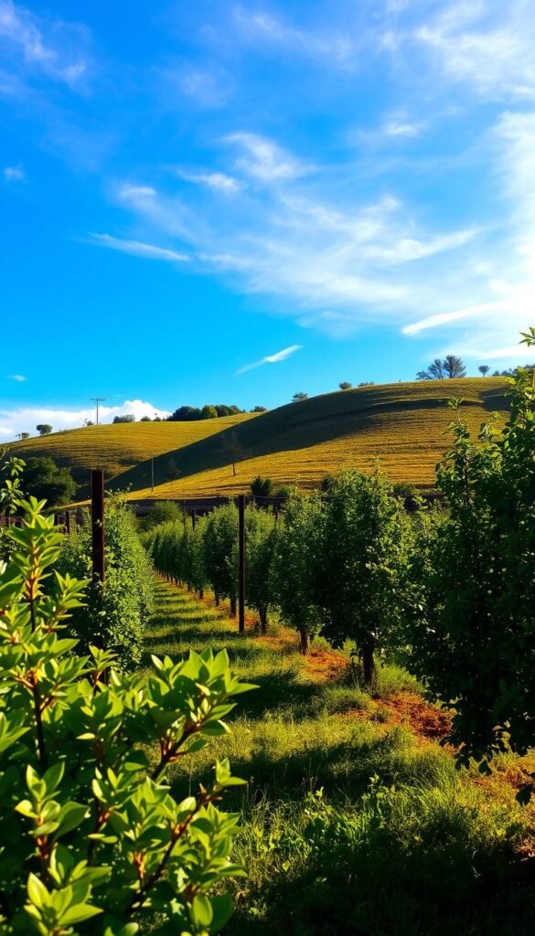 A sun-dappled orchard scene, with a lush, verdant foreground showcasing the ideal site for a thriving fruit tree garden. In the middle ground, a gently sloping hill provides excellent airflow and drainage, while the background features a clear, azure sky with wispy clouds. The lighting is warm and golden, casting a soft, natural glow over the entire composition. The camera angle is positioned slightly elevated, offering a panoramic view of the picturesque setting. The overall mood is one of serenity and abundance, inviting the viewer to imagine the bounty of fresh, flavorful fruit that could be harvested from this perfect orchard location.