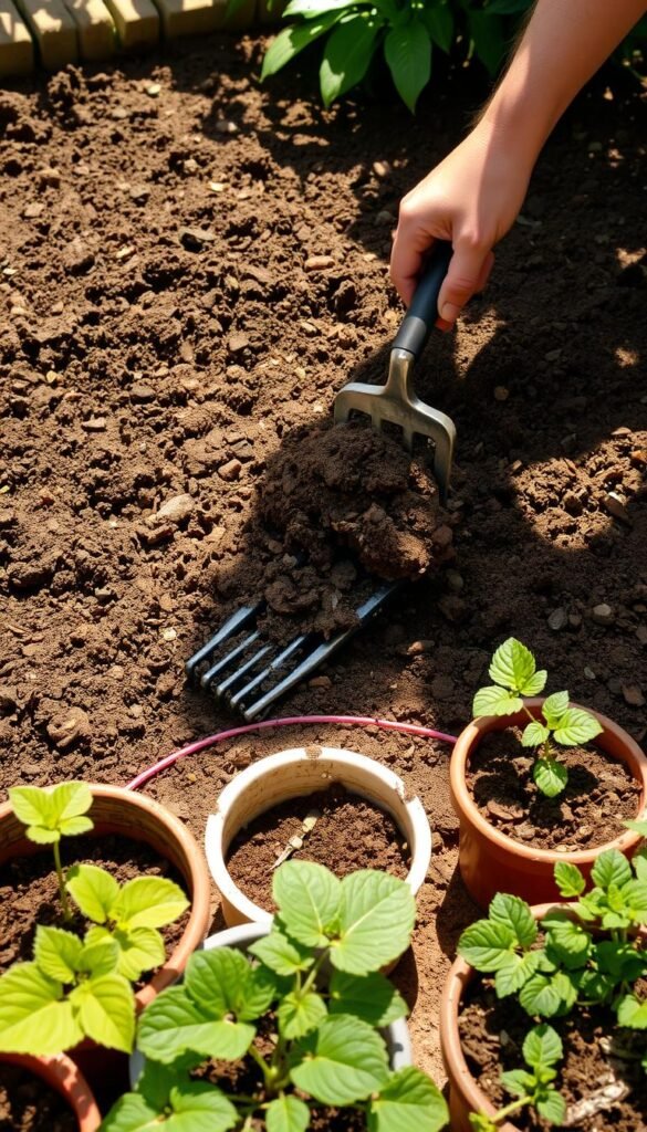 A sun-dappled raised garden bed, its soil rich and crumbly, as a gardener carefully incorporates fresh compost and aged potting mix into the existing substrate, blending it with a steel garden fork. In the foreground, various plant containers sit, their contents refreshed with the rejuvenated soil, ready to nourish a new season's growth. A warm, earthy atmosphere pervades the scene, conveying the practical yet rewarding nature of reusing and revitalizing garden soils for continued productivity in confined urban spaces.