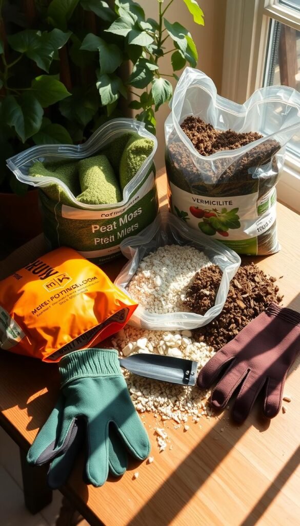 A sun-dappled table displays an assortment of potting mix ingredients - bags of peat moss, vermiculite, and compost, along with a trowel and gardening gloves. The items are arranged in a natural, yet visually pleasing composition, capturing the essence of container gardening. Soft, diffused lighting creates a warm, inviting atmosphere, highlighting the rich textures and earthy tones of the materials. The scene conveys the care and attention required to create the perfect soil blend for thriving container vegetables.