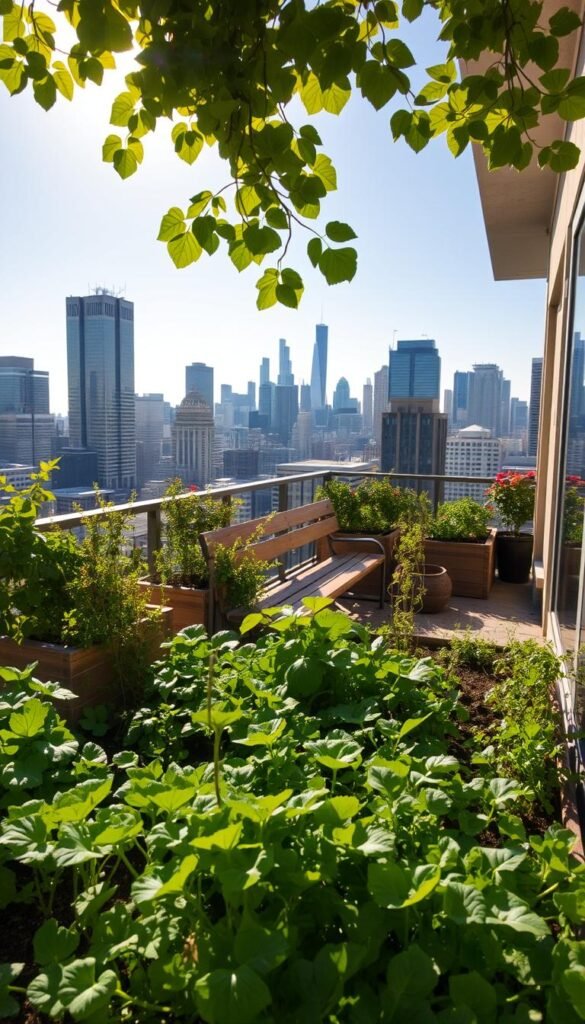 A sun-dappled urban garden, nestled on a balcony overlooking a bustling cityscape. In the foreground, lush vegetation thrives in raised planter boxes, with a variety of vegetables and herbs casting dynamic shadows. The middle ground features a weathered bench, inviting a moment of contemplation amidst the greenery. In the background, the skyline of towering buildings creates a striking contrast, their glass facades reflecting the warm afternoon light. The scene exudes a sense of tranquility and productivity, showcasing the potential of small-space gardening in an urban environment.