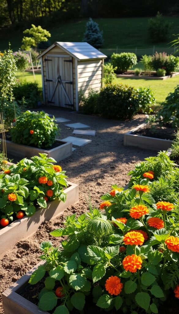 A sun-dappled vegetable garden with neatly arranged raised beds, their edges lined with vibrant marigolds. In the foreground, lush leafy greens and ripe tomatoes bask in the warm afternoon light, their shadows casting intricate patterns on the soil. The middle ground features a winding path inviting exploration, framed by thriving herbs and compact bushes. In the background, a wooden garden shed stands, its weathered appearance complementing the natural setting. The overall scene conveys a sense of peaceful productivity, the sunlight gently illuminating the carefully planned layout for optimal growing conditions.