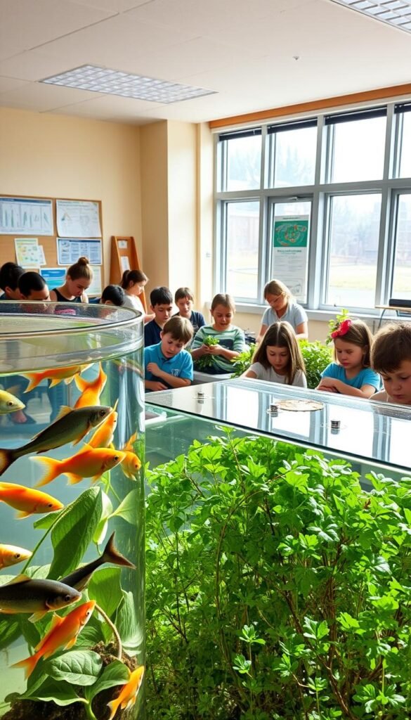 A sunlit classroom filled with engaged students exploring an aquaponics system. In the foreground, a group of children observe the diverse aquatic life swimming in a transparent fish tank, captivated by the delicate ecosystem. In the middle ground, young learners tend to a thriving hydroponic garden, gently caring for the lush vegetation. The background showcases informative posters and diagrams, guiding the students' understanding of the principles of aquaponics. The scene is illuminated by natural light from large windows, creating a warm and inviting atmosphere conducive to hands-on learning. A sense of discovery and wonder permeates the space, inspiring the next generation of environmental stewards.