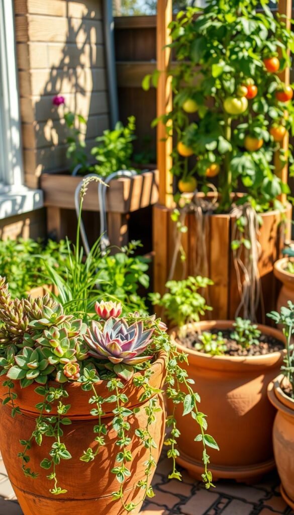A sunlit garden patio showcasing an array of lush, thriving container plants, each with a unique self-watering system. In the foreground, a colorful mix of succulents and trailing vines cascade from a handcrafted terracotta planter, its submerged wick drawing moisture from a hidden reservoir. In the middle ground, a wooden raised garden bed houses a variety of herbs and vegetables, their roots intertwined with a network of irrigation tubing. In the background, a towering trellis supports a flourishing tomato plant, its leaves glistening under the warm, diffused lighting. The scene exudes a sense of effortless self-sustenance, inspiring viewers to reimagine their own container gardening experiences.