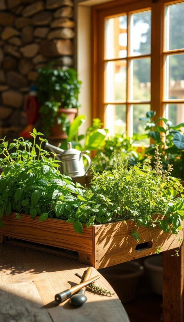 A sunlit herb garden setup, with a rustic wooden planter box overflowing with vibrant, lush greenery. The foreground features an assortment of thriving herbs - fragrant basil, leafy parsley, and delicate thyme - bathed in warm, golden light filtering through a large window. In the middle ground, a vintage-inspired watering can and gardening tools sit atop a weathered wooden table, creating a charming, lived-in ambiance. The background showcases a natural stone wall, adding depth and texture to the scene. The overall atmosphere is one of peaceful serenity, inviting the viewer to imagine the sights, scents, and tranquility of a perfectly positioned indoor herb garden.