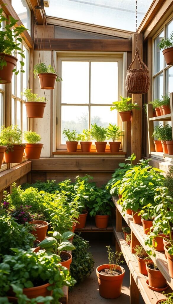 A sunlit indoor greenhouse filled with lush, vibrant herb plants in simple terracotta pots and hanging baskets. Wooden shelves line the walls, holding an assortment of potted herbs in various stages of growth. Natural light streams in through large windows, casting warm, golden tones across the scene. The layout is practical yet aesthetically pleasing, showcasing a budget-friendly yet beautiful DIY herb garden. Earthen textures, muted greens, and pops of color create a cozy, inviting atmosphere, perfect for cultivating fresh, flavorful seasonings at home.