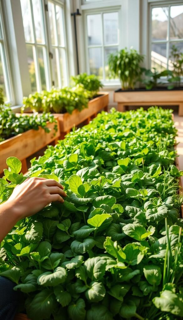 A sunlit indoor vegetable garden, with lush salad greens and herbs thriving in a series of raised planter beds. Soft natural light filters through large windows, casting a warm glow on the verdant foliage. In the foreground, a person kneels, carefully tending to the plants, their hands gently brushing the leaves. The middle ground features a variety of salad greens, from vibrant leafy lettuces to fresh herbs like basil and chives. In the background, additional planter boxes line the walls, creating a serene, self-sustaining indoor oasis. The overall scene conveys a sense of tranquility, productivity, and the rewarding experience of growing one's own fresh, nutritious salad ingredients at home.