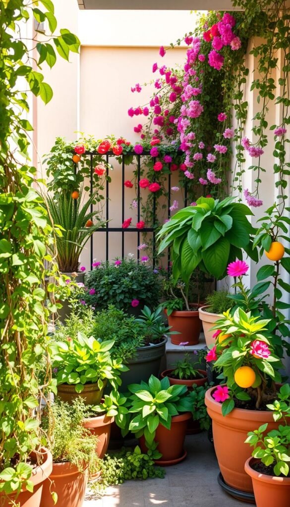 A sunny, airy balcony filled with an abundance of verdant foliage and vibrant blooms. In the foreground, a variety of lush potted plants such as cascading vines, trailing succulents, and a thriving herb garden arranged in a harmonious composition. The middle ground showcases larger potted plants, including a flourishing citrus tree and a statement-making fiddle-leaf fig. The background features a wrought-iron railing adorned with a colorful array of flowering vines and trailing ivy, creating a sense of privacy and enclosure. The scene is bathed in warm, natural light, lending a serene and rejuvenating atmosphere to the urban oasis.