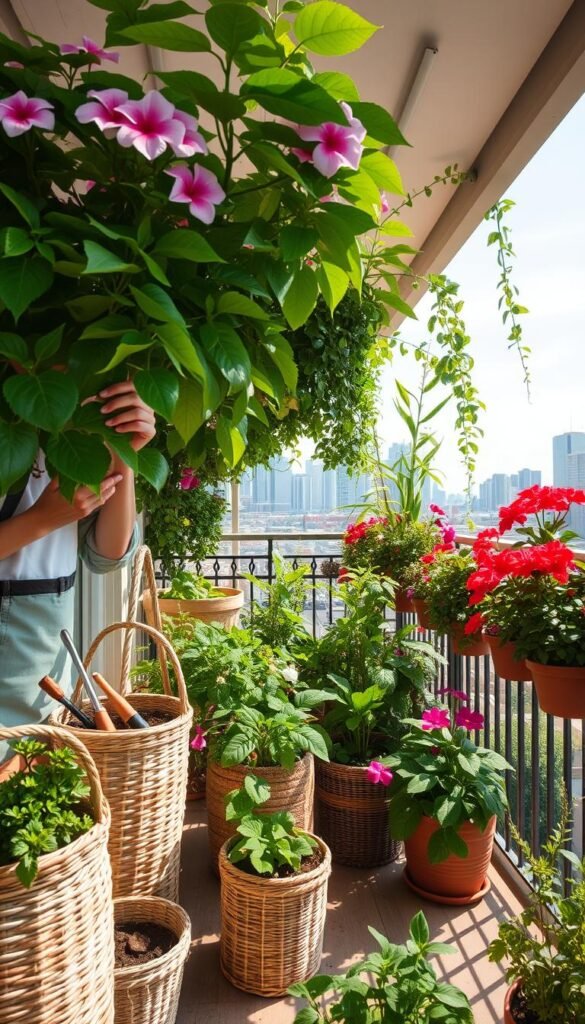 A sunny balcony filled with lush potted plants and flowers. In the foreground, a gardener in casual attire carefully inspects the leaves, searching for signs of pests. A set of natural-fiber baskets and gardening tools sits nearby. The middle ground features a variety of vibrant, thriving blooms and greenery. In the background, the city skyline is visible through the railing, creating a serene urban oasis. The lighting is soft and natural, highlighting the textures and colors of the plants. A wide-angle, eye-level shot captures the overall scene, conveying a sense of tranquility and the gardener's attentive care for their balcony haven.