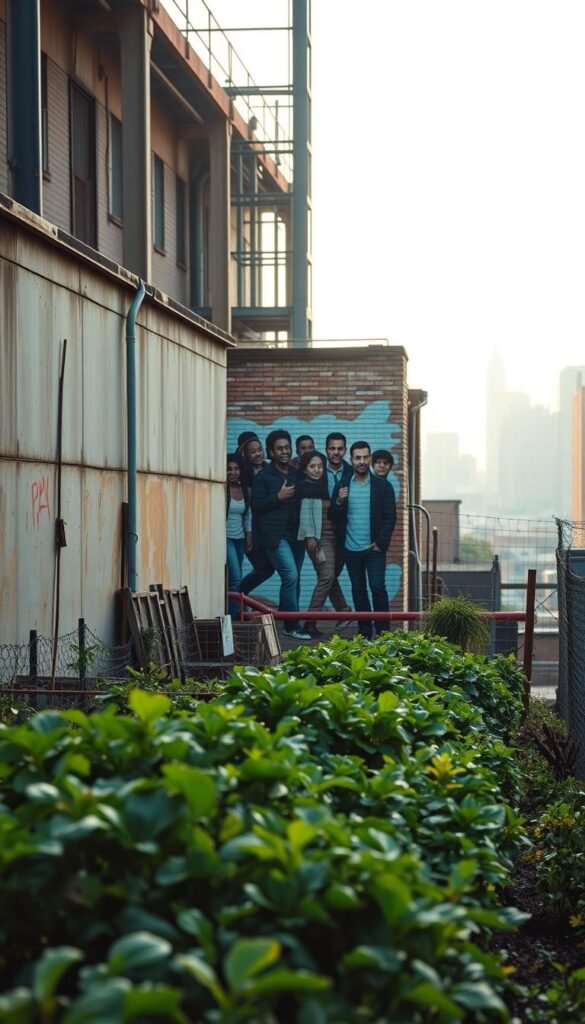 A sweeping panoramic view of the evolution of urban green movements, captured with a wide-angle lens against a softly lit, atmospheric backdrop. In the foreground, a lush community garden flourishes, its vibrant colors and textures juxtaposed against the weathered, industrial structures behind it. In the middle ground, a mural depicting social activists and organizers marches across a brick wall, a testament to the grassroots efforts that have driven these movements. The background fades into a hazy, dreamlike cityscape, hinting at the challenges and obstacles that urban green spaces have overcome throughout history. The lighting is warm and inviting, conveying a sense of hope and possibility in the face of urban decay.