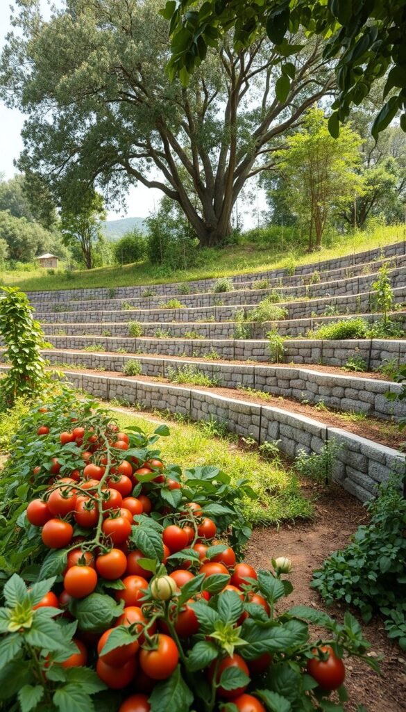A sweeping vista of a terraced fruit garden cascading down a verdant slope. In the foreground, lush vertical beds brimming with vibrant produce - ripe tomatoes, leafy greens, and fragrant herbs. The middle ground reveals a series of stone retaining walls supporting the tiered garden beds, their texture complementing the natural landscape. In the background, a canopy of mature fruit trees casts a gentle, dappled light across the scene. The overall composition conveys a sense of abundance, sustainability, and a harmonious integration of human cultivation with the surrounding environment. Captured with a wide-angle lens to accentuate the depth and scale of the terraced design.