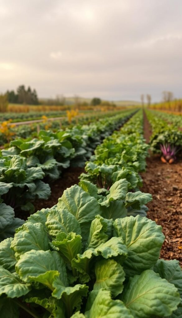A thriving vegetable garden in the cool fall months, with lush greens and vibrant hues. In the foreground, kale, swiss chard, and spinach leaves sway gently in a soft breeze, their textures and colors showcased by warm, directional lighting. In the middle ground, rows of hearty root vegetables like carrots and beets emerge from the rich, moist soil. The background features a hazy, atmospheric landscape of rolling hills and a cloudy, overcast sky, conveying a sense of tranquility and the changing seasons. The scene is captured with a wide-angle lens, creating a sense of depth and immersion, inviting the viewer to step into this bountiful autumn garden.