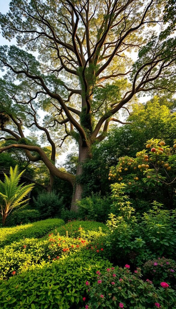 A towering, lush food forest, its layers reaching up to the sky. In the foreground, vibrant ground covers and herbaceous plants carpet the earth. Mid-level shrubs and small fruit trees dot the scene, their branches heavy with ripe bounty. Soaring above, the canopy of towering nut and fruit trees filter dappled sunlight, casting a tranquil glow. A sense of abundance and ecological harmony pervades the frame, captured in a wide, gently tilted perspective that showcases the vertical integration of this productive, sustainable landscape. Warm, soft lighting imbues the scene with a serene, golden hue, as if captured on a calm summer's day.